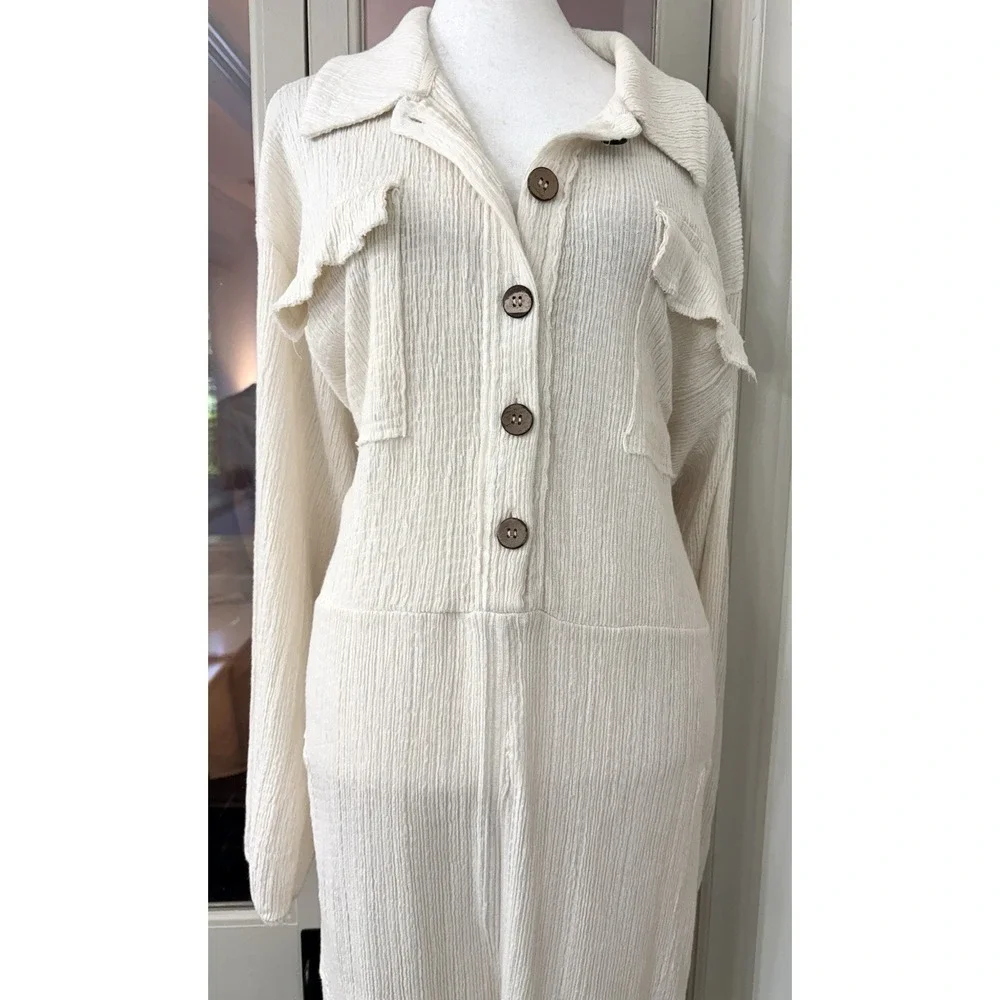 Free People FB Beach Jumpsuit Size Large Ivory Gauzy Side Pockets overized